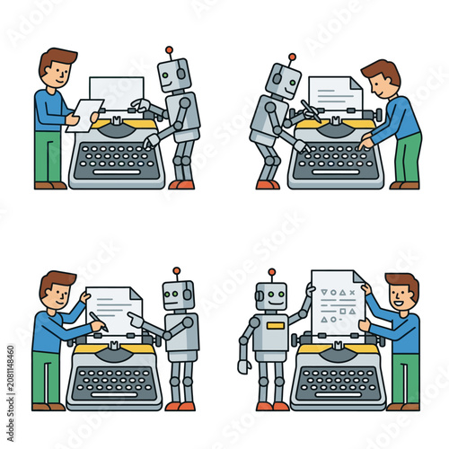 Human and robot collaboration on typewriter machine illustration