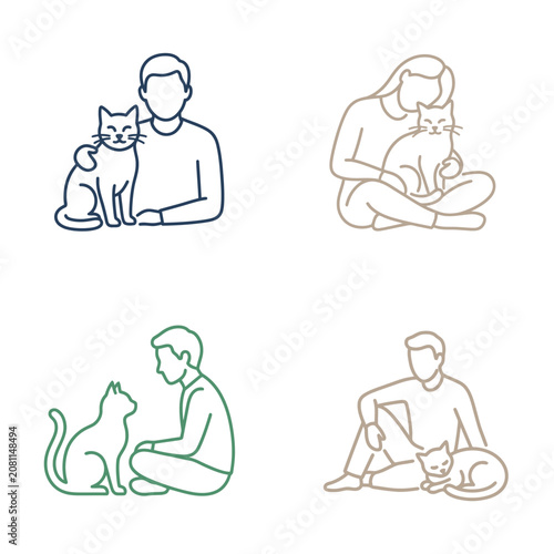 Human animal companionship icon set line art people and cat interactions