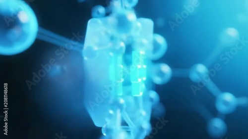 Glowing molecular structure with a central hash symbol, interconnected blue geometric lattice, scientific abstract graphic, particle network, nanotechnology visualization.