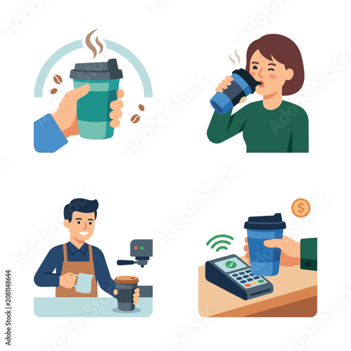 Illustrated coffee and payment scenes with people.
