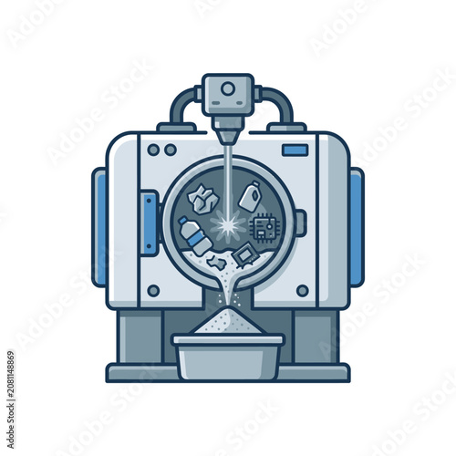 Industrial machine processing waste into raw material illustration