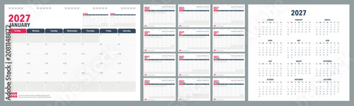 Calendar Planner 2027 in English language. Week start Sunday, corporate design planner template