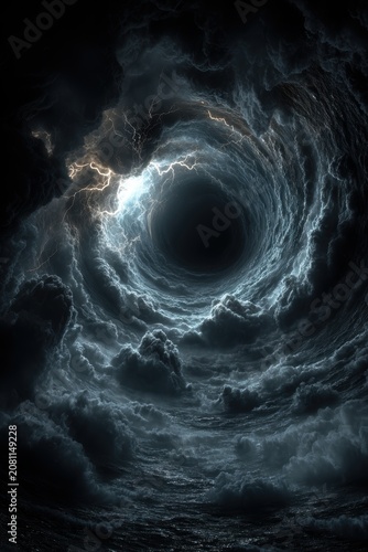 Fantasy wallpaper. A dramatic digital artwork depicts a swirling vortex of dark, stormy clouds. A bright, glowing bolt of lightning illuminates the center of the vortex.