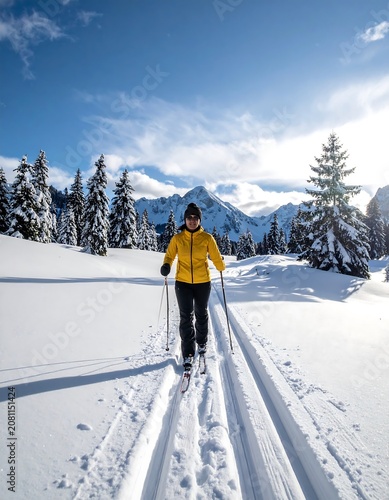 A lone skier glides down a serene snowy mountain trail surrounded by evergreen trees under a bright blue sky