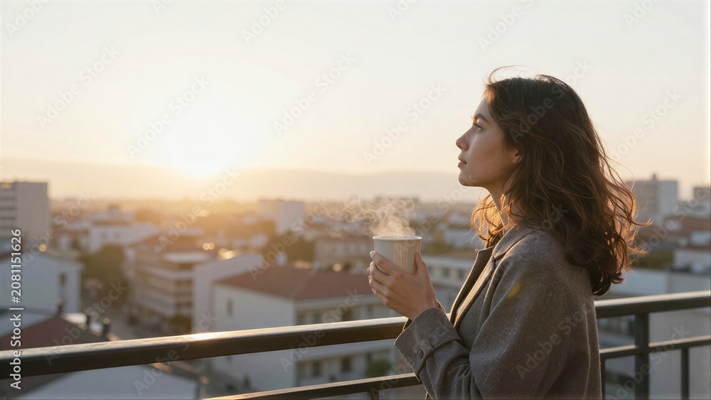 Fototapeta premium Woman sips hot drink, gazes at sunset over city skyline from balcony.