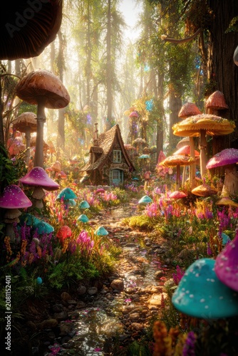 Fantasy wallpaper. A vivid, fantastical depiction of a magical forest scene. The main subject is a quaint, wooden house nestled among towering trees and lush greenery.
