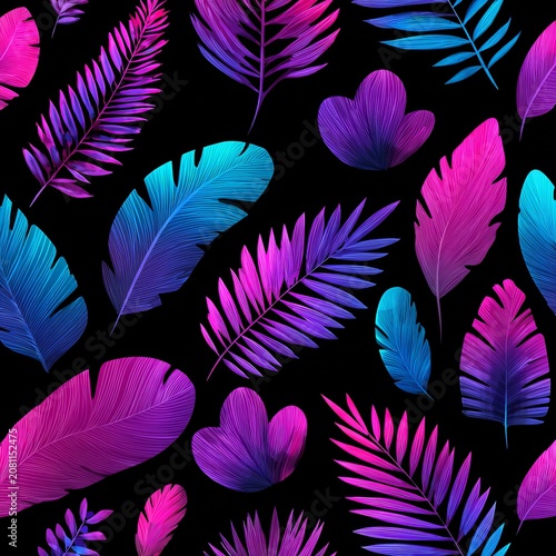Vibrant Neon Tropical Leaves Pattern on Black Background.