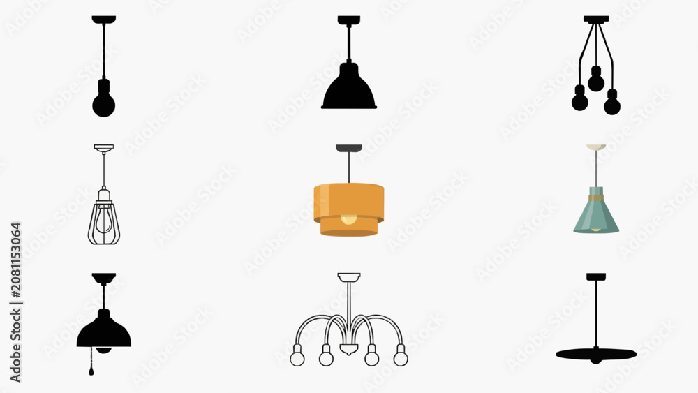 Naklejka premium Modern Ceiling Pendant Light Fixture Collection Vector Icon Set