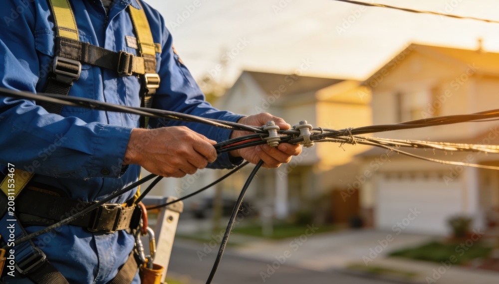Obraz premium Medium shot of a technician reattaching sagging telecom cables to messenger wires on a quiet neighborhood street with blurred houses in the background emphasizing the focused