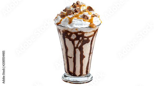 Delicious milkshake with whipped cream chocolate sauce and caramel drizzle on transparent background.