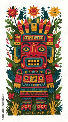 Maya Aztec civilization, Mexico culture. Mysterious, fantasy. A vibrant illustration depicts a large, intricately designed totem pole. The totem pole is predominantly red with yellow and blue accents.