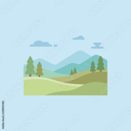 Flat vector illustration of a peaceful mountain landscape