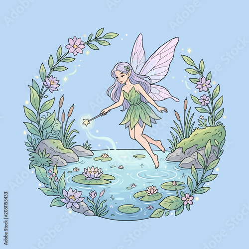 A magical fairy casts a spell over a peaceful pond scene