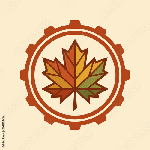 A colorful autumn leaf is centered inside a mechanical gear
