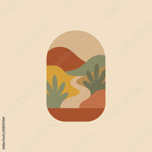 A minimalist illustration of a winding path through rolling hills