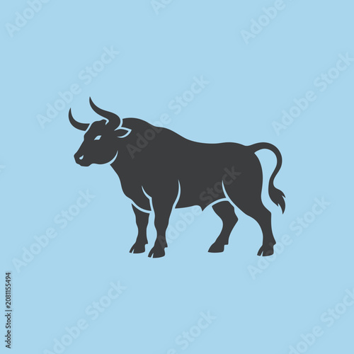 A dark bull silhouette stands on a light blue background