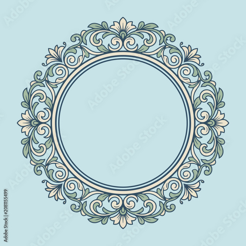 Elegant circular floral frame on a blue background