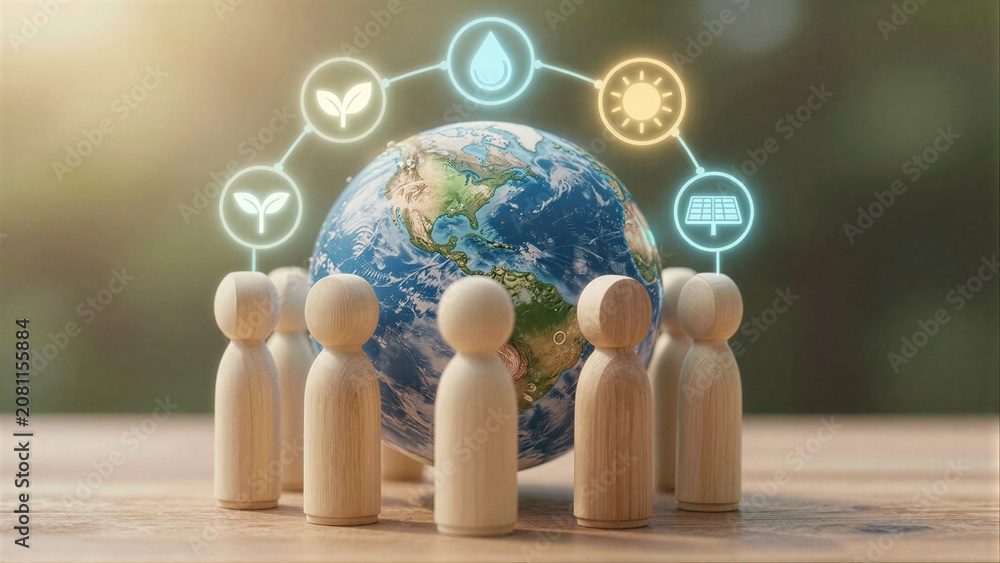 Fototapeta premium Wooden figures surround Earth, symbolizing global unity for sustainability and environmental care.