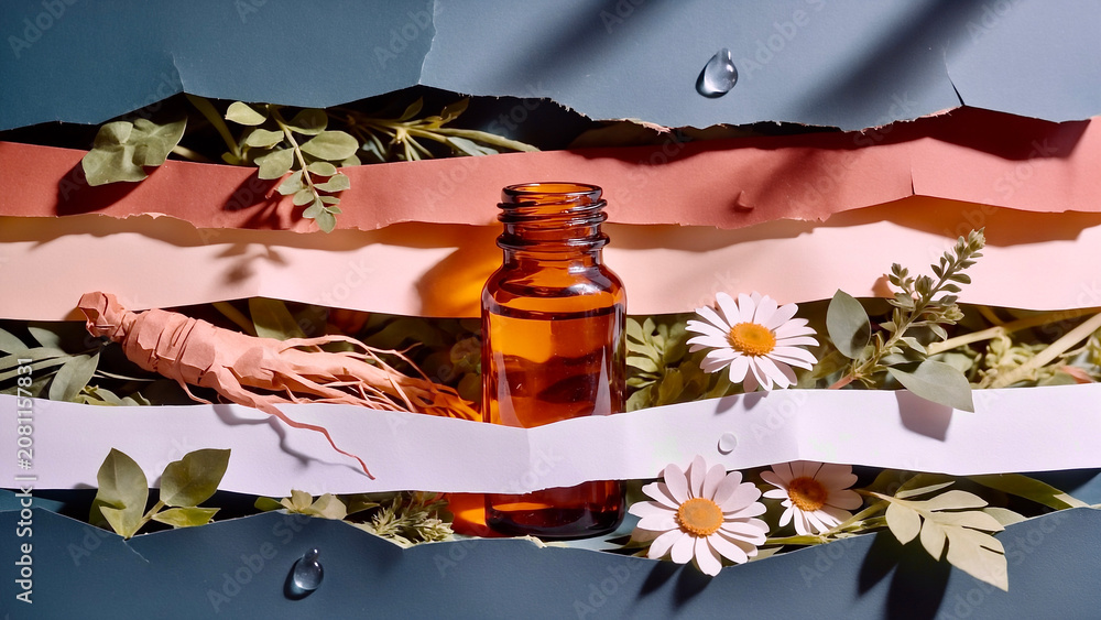 Fototapeta premium Natural organic cosmetics concept with amber glass dropper bottle, chamomile flowers, ginseng root, and green leaves in torn paper layers.
