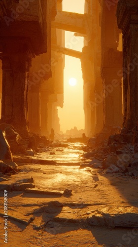 Lost civilization. Fantasy. A vivid portrayal of an ancient ruin, bathed in the warm glow of the setting sun.