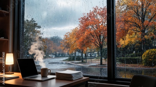 Autumn rainy day office window views during a rainy day in autumn, serene office scene