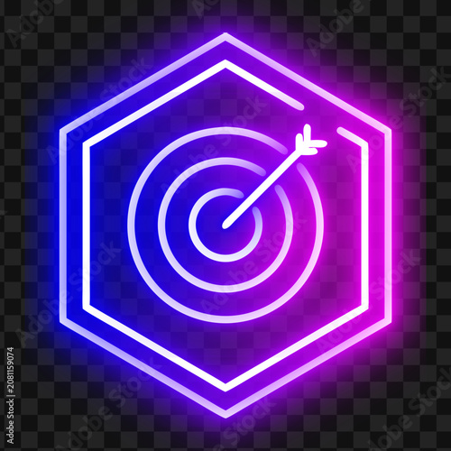 Neon target bullseye vector icon in hexagon frame