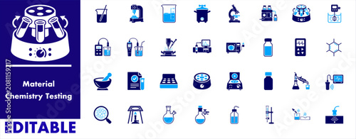 Material chemistry testing icon set. laboratory, equipment, centrifuge, beaker, microscope, autoclave, incubator, ph meter, spectrometer, vial, flask and more editable flat icon.
