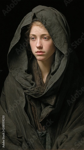 Europe medieval lifestyle. A detailed portrait of a young woman, rendered in a realistic style. She wears a dark, draped garment that obscures her face and shoulders.