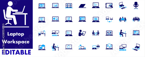 Cuadro en lienzo Office laptop workspace icon set