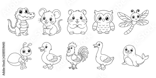 10 animal images, line drawings on a white background, suitable for coloring and educational purposes.