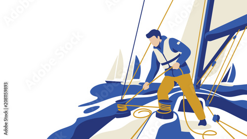 Foto Person adjusting ropes on sailboat deck during windy coastal sailing trip