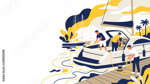Canvastavla Couple and crew boarding a luxury yacht at a sunny marina getaway