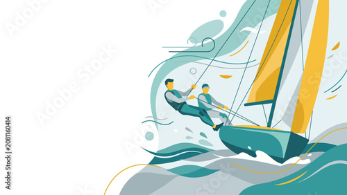 Fotografie Stylized illustration of two sailors navigating a sailboat on dynamic ocean waves