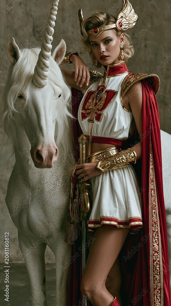 Obraz premium Europe medieval lifestyle. A portrait of a woman dressed in a regal, golden and red costume, standing beside a white unicorn.