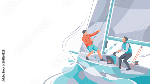 Quadro su tela Two people sailing together on a small sailboat, minimalist vector scene