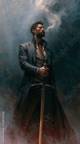 Europe medieval lifestyle. A detailed digital painting depicts a man in a contemplative pose, holding a sword in one hand and a lighter in the other. He wears a dark coat, a white shirt.