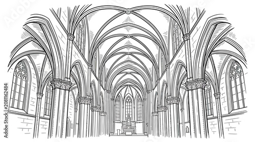 Tableau sur toile Gothic Cathedral Interior, Vaulted Ceiling, Arches, Stained Glass Windows, Archi