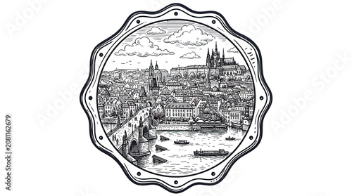 Fotografia Prague cityscape illustration in circular frame with Charles Bridge and Vltava R