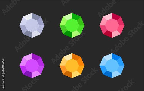 Set of six colorful faceted gems designed for game interfaces, shop currency, rewards, loot icons, and inventory elements. Perfect for fantasy games, mobile apps, and vector UI assets.