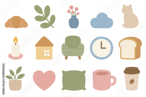 Cozy home cafe and lifestyle flat vector icon set