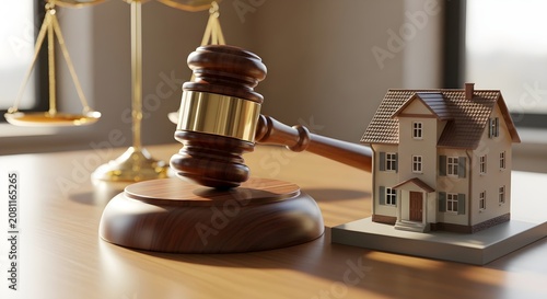 Real Estate Law with Judge Gavel, Scales of Justice and Model House, Symbolizing Property Rights, Mortgage, Home Ownership, Housing Contracts, Foreclosure and Court Decisions