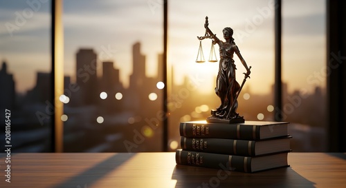 Lady Justice Statue on Law Books in Modern Office, Symbolizing Legal Services, Court Authority, Fair Judgment, Business Law, Equal Rights and Rule of Law