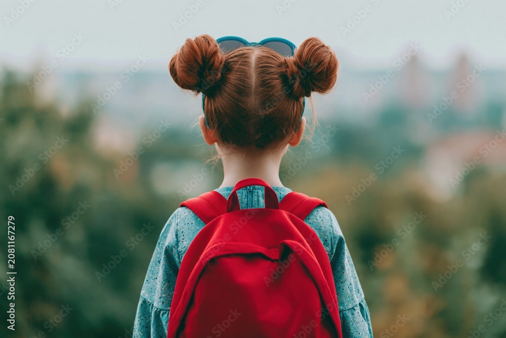 Naklejka premium Girl with red hair buns and backpack as a child student standing in city landscape