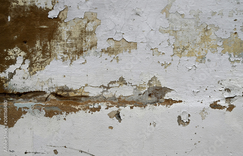 Bilde på lerret Horizontal close up of a weatherworn painted white wall surface with peeling chi