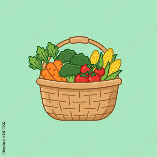 A woven basket filled with fresh garden vegetables and corn cobs