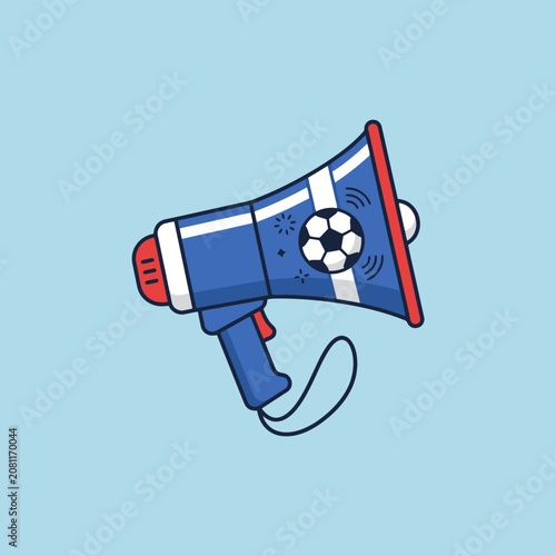 A blue megaphone with a soccer ball icon on it