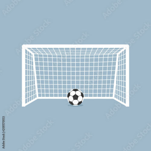 A soccer ball sits in front of a white goal net on blue