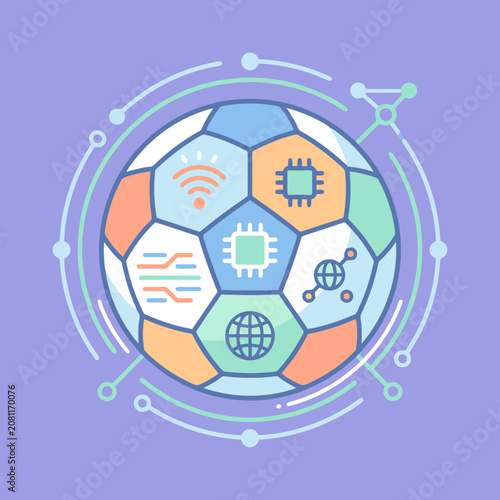 Modern football with technology icons for digital connectivity and data