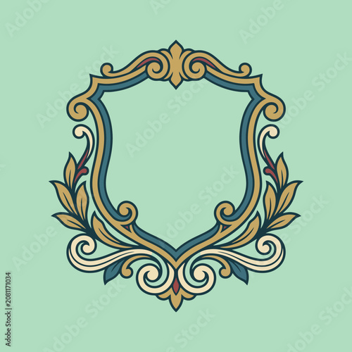 An ornate vintage shield frame with elegant floral scrollwork