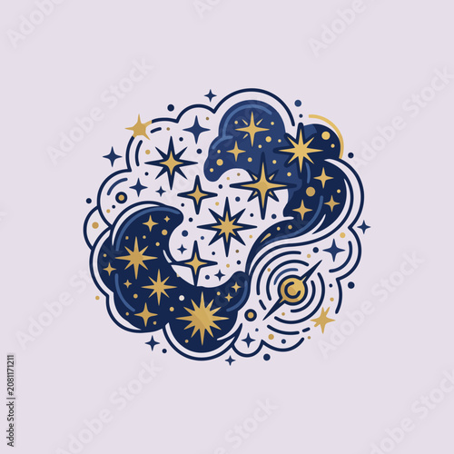 A circular illustration featuring golden stars and dark blue clouds